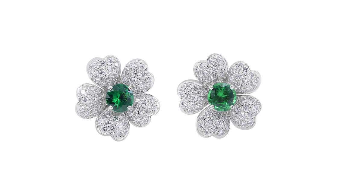 Platinum 1.33ct Tsavorite & Diamond Flower Earrings - Oscar Heyman